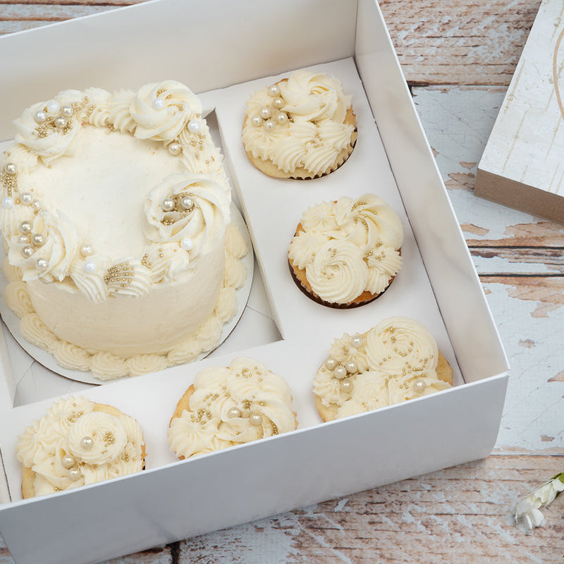 White Bento Cake Box with 5-Count Cupcake and Mini Cake Insert