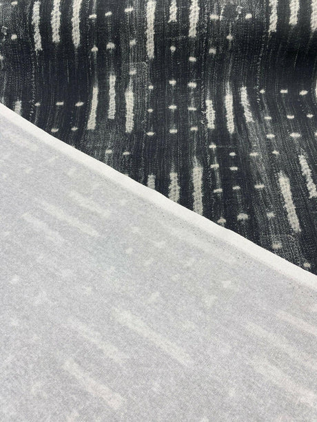 Black Noir Sikasso Painting Cotton Fabric - Black, White Lines, 56" Width (By The Yard)