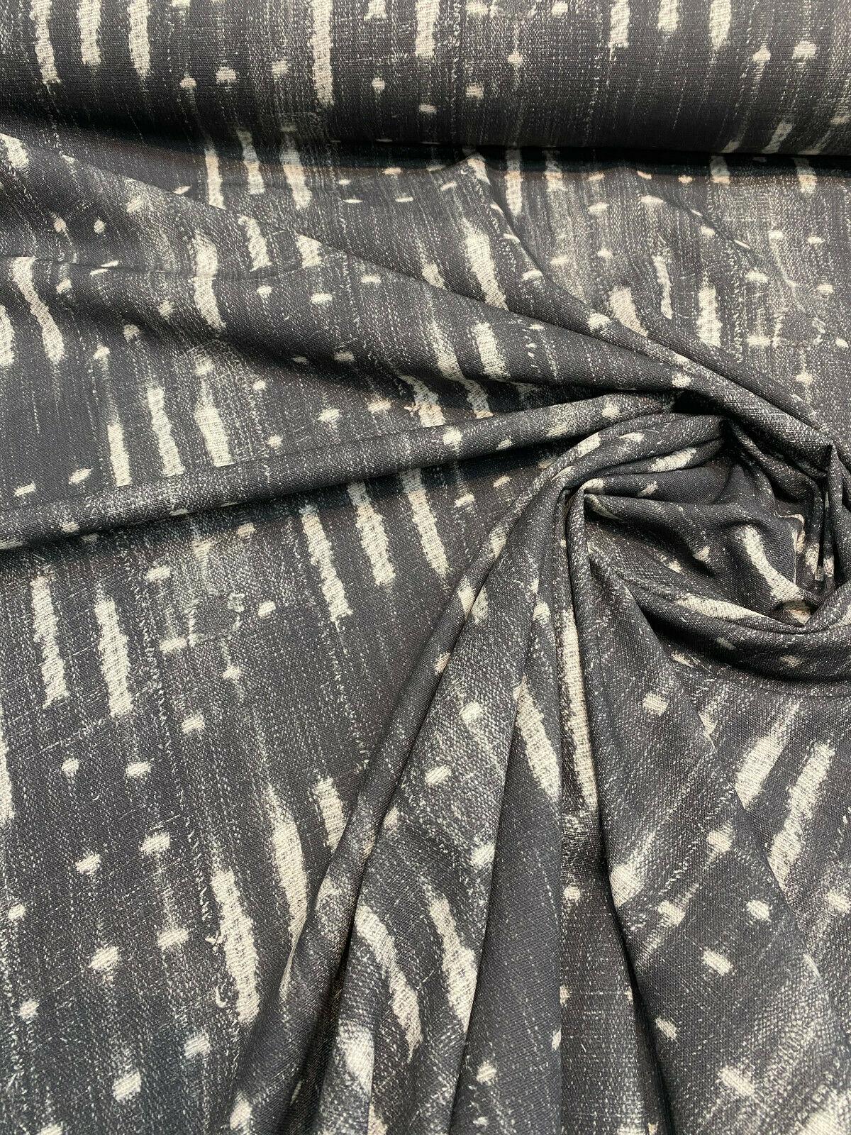 Black Noir Sikasso Painting Cotton Fabric - Black, White Lines, 56" Width (By The Yard)