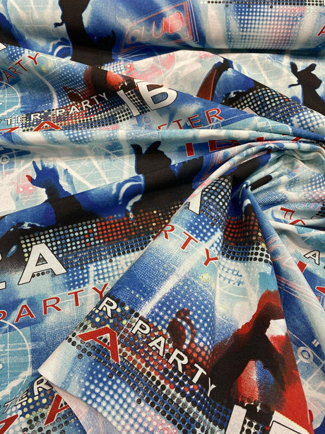 Ibiza Party Night Club Cotton Fabric - Red, Black, Dark Blue, Light Blue, White Print, 54" Width (1 Yard)