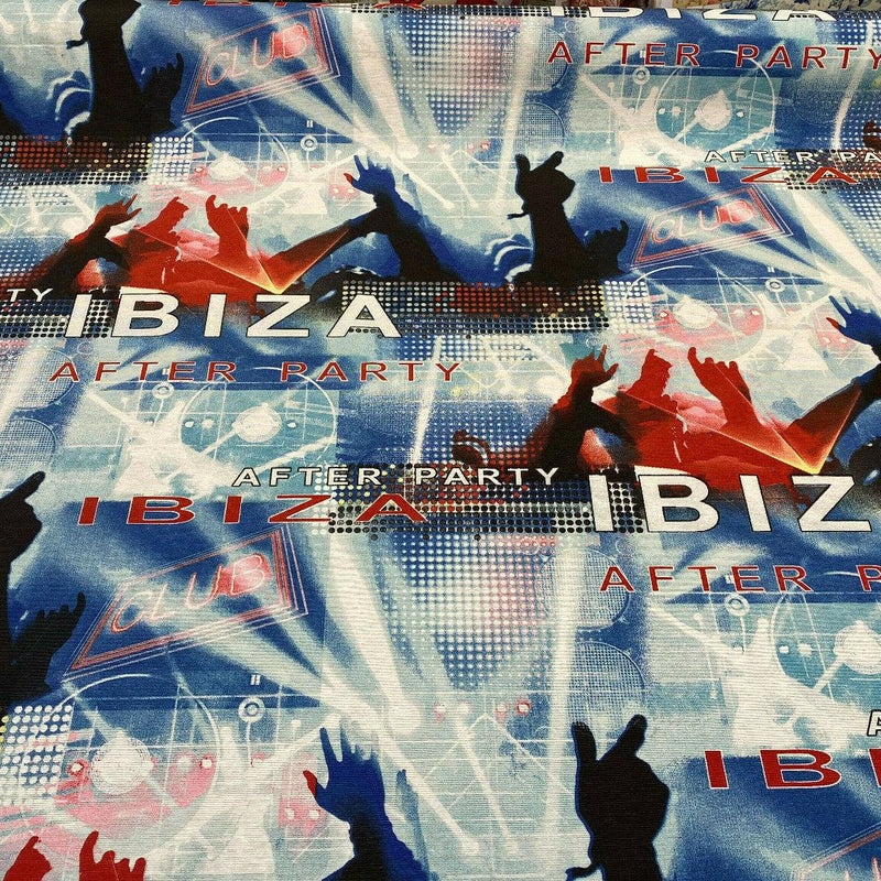 Ibiza Party Night Club Cotton Fabric - Red, Black, Dark Blue, Light Blue, White Print, 54" Width (1 Yard)