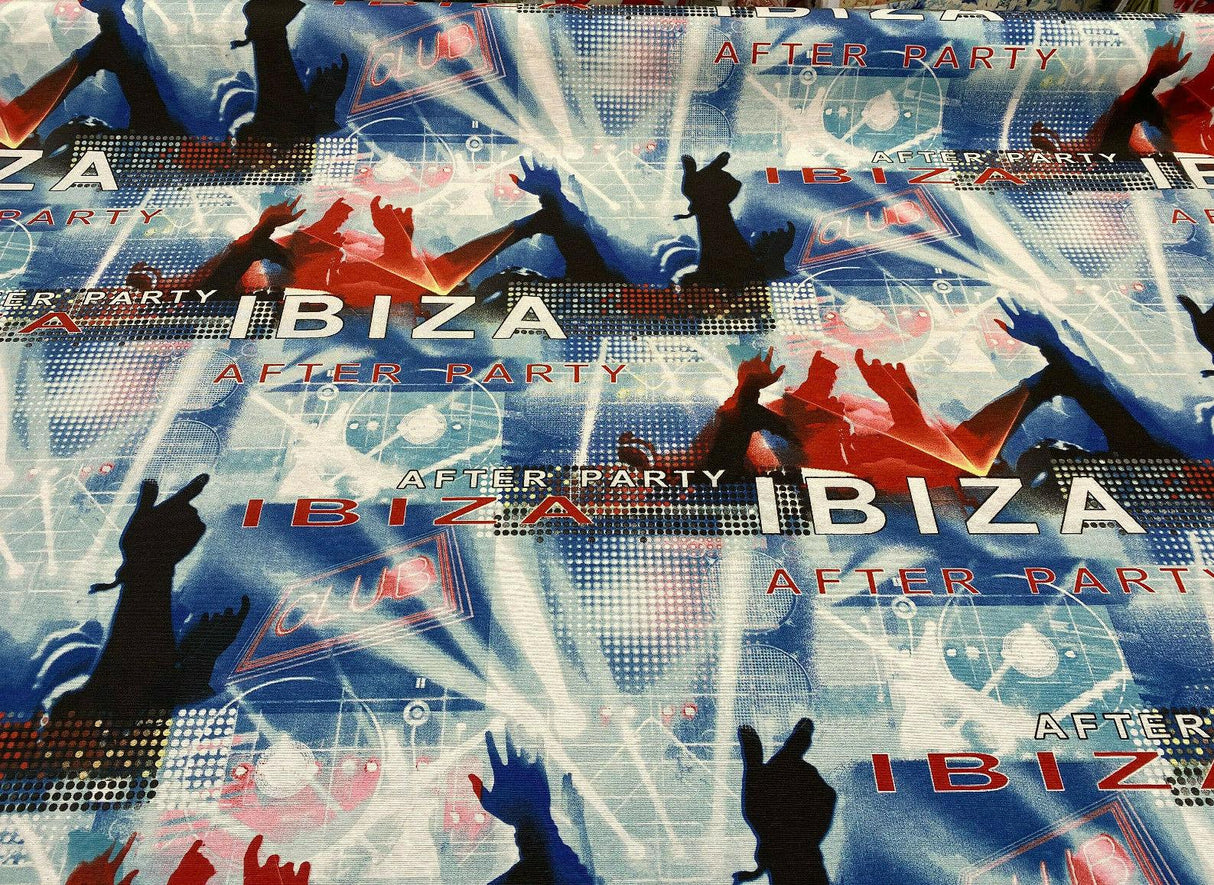 Ibiza Party Night Club Cotton Fabric - Red, Black, Dark Blue, Light Blue, White Print, 54" Width (1 Yard)