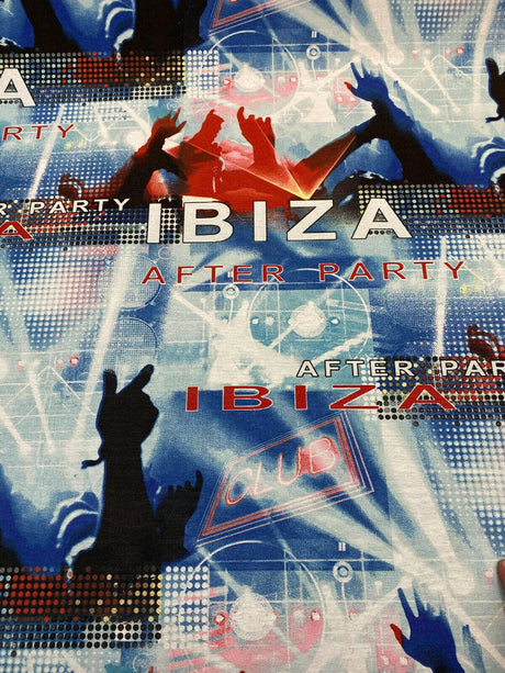 Ibiza Party Night Club Cotton Fabric - Red, Black, Dark Blue, Light Blue, White Print, 54" Width (1 Yard)
