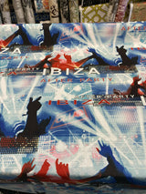 Ibiza Party Night Club Cotton Fabric - Red, Black, Dark Blue, Light Blue, White Print, 54" Width (1 Yard)