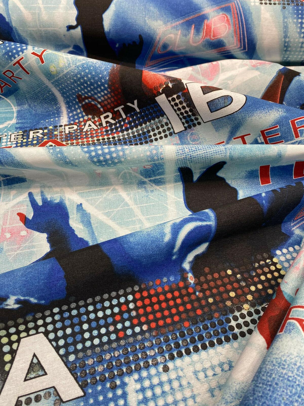 Ibiza Party Night Club Cotton Fabric - Red, Black, Dark Blue, Light Blue, White Print, 54" Width (1 Yard)