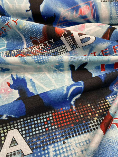 Ibiza Party Night Club Cotton Fabric - Red, Black, Dark Blue, Light Blue, White Print, 54" Width (1 Yard)