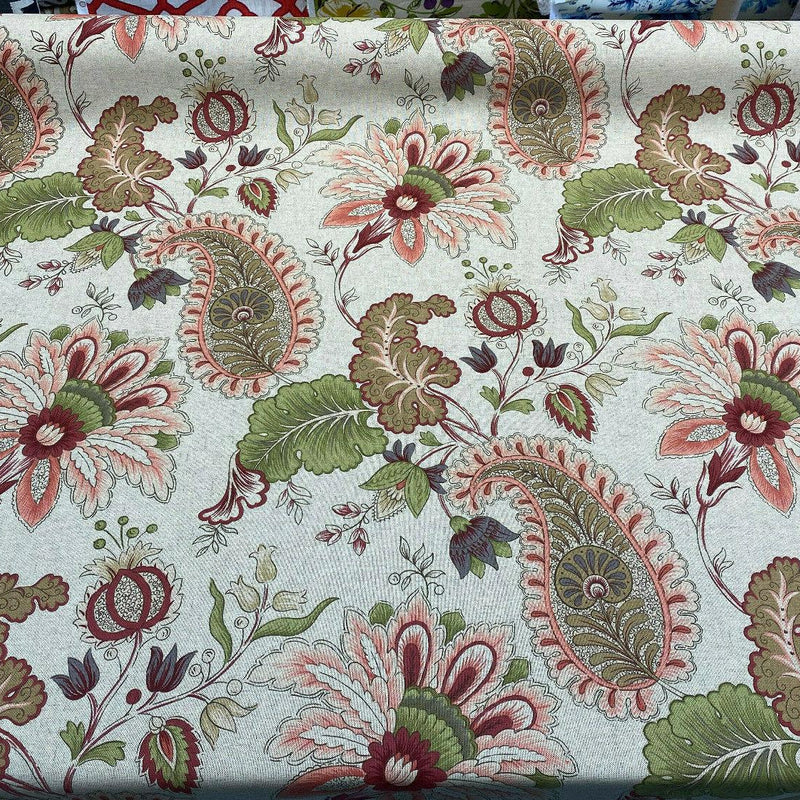 Brenda Rustic Floral Paisley Cotton Blend Fabric - Dark Beige Linen Background With Maroon Red, Pink, Green, Lavender, 56" Width (1 Yard)
