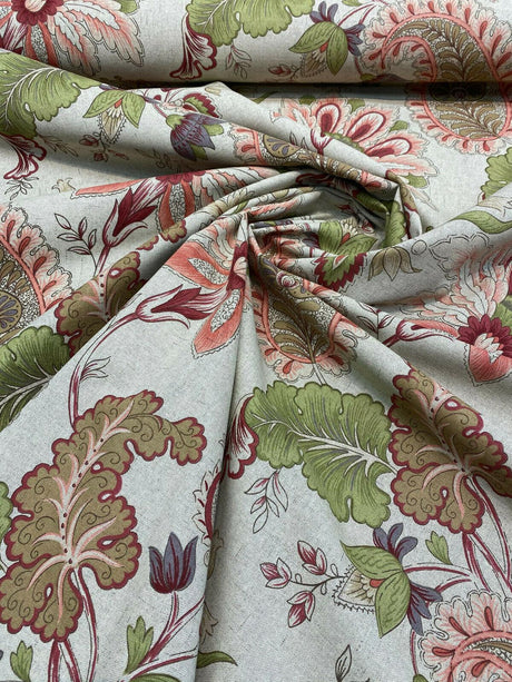 Brenda Rustic Floral Paisley Cotton Blend Fabric - Dark Beige Linen Background With Maroon Red, Pink, Green, Lavender, 56" Width (1 Yard)