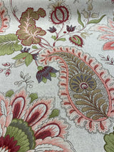 Brenda Rustic Floral Paisley Cotton Blend Fabric - Dark Beige Linen Background With Maroon Red, Pink, Green, Lavender, 56" Width (1 Yard)