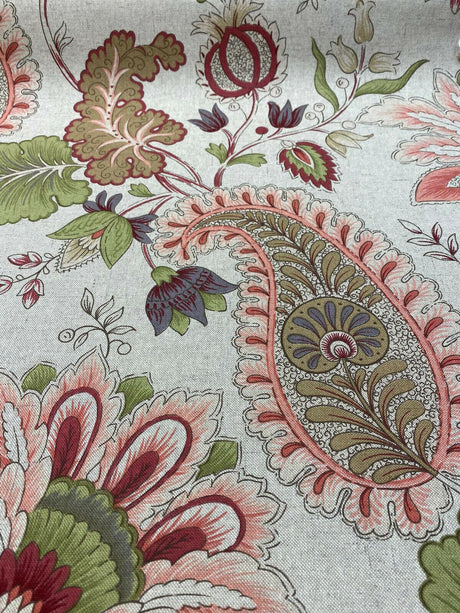 Brenda Rustic Floral Paisley Cotton Blend Fabric - Dark Beige Linen Background With Maroon Red, Pink, Green, Lavender, 56" Width (1 Yard)