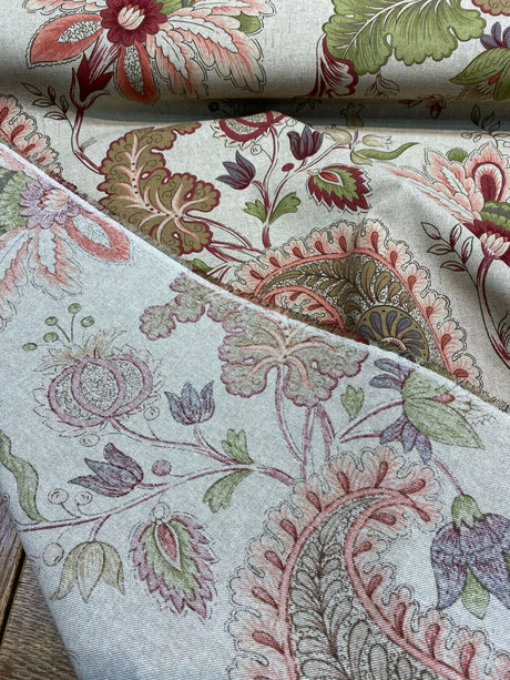 Brenda Rustic Floral Paisley Cotton Blend Fabric - Dark Beige Linen Background With Maroon Red, Pink, Green, Lavender, 56" Width (1 Yard)
