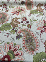 Brenda Rustic Floral Paisley Cotton Blend Fabric - Dark Beige Linen Background With Maroon Red, Pink, Green, Lavender, 56" Width (1 Yard)