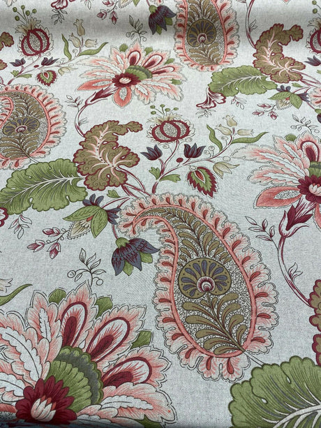 Brenda Rustic Floral Paisley Cotton Blend Fabric - Dark Beige Linen Background With Maroon Red, Pink, Green, Lavender, 56" Width (1 Yard)