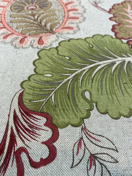 Brenda Rustic Floral Paisley Cotton Blend Fabric - Dark Beige Linen Background With Maroon Red, Pink, Green, Lavender, 56" Width (1 Yard)