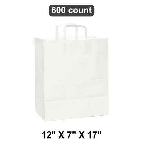 Versatile White Paper Bags with Flat Handles 12" x 7" x 17"