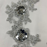 Beaded Corded Floral 3D Lace Applique Polyester Fabric - Gold, Silver, Ivory, White, 14" X 3" Wide Each Side (1 Pair)