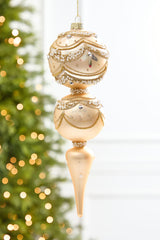 11" Champagne & Pearl Trimmed Finial Glass Ornament