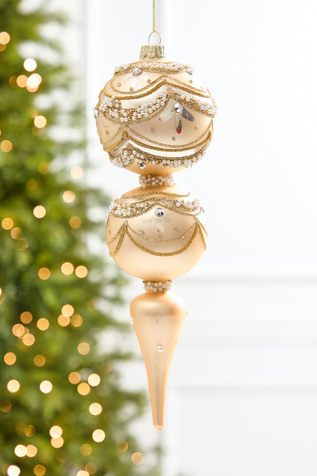 11" Champagne & Pearl Trimmed Finial Glass Ornament