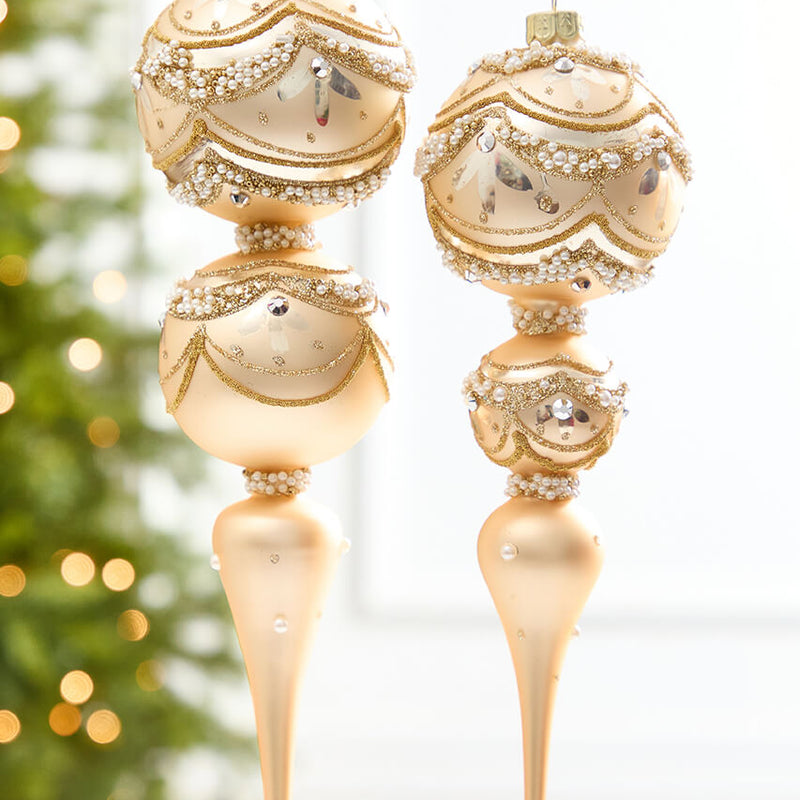 11" Champagne & Pearl Trimmed Finial Glass Ornament