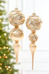 11" Champagne & Pearl Trimmed Finial Glass Ornament