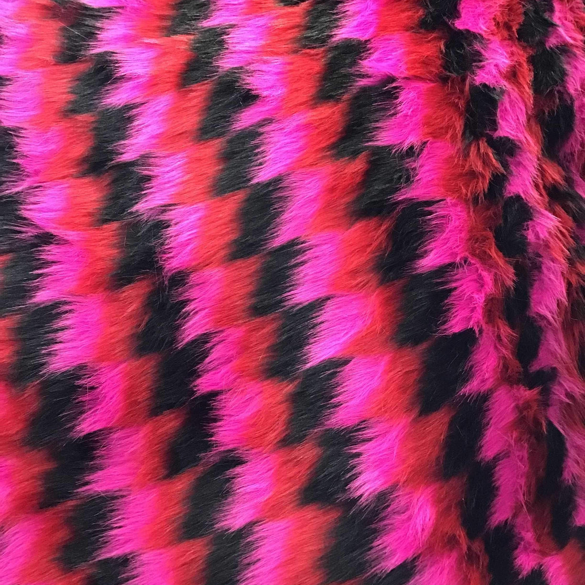 Black Red Fuchsia Zigzag Faux Fake Fur Long Pile Fabric,