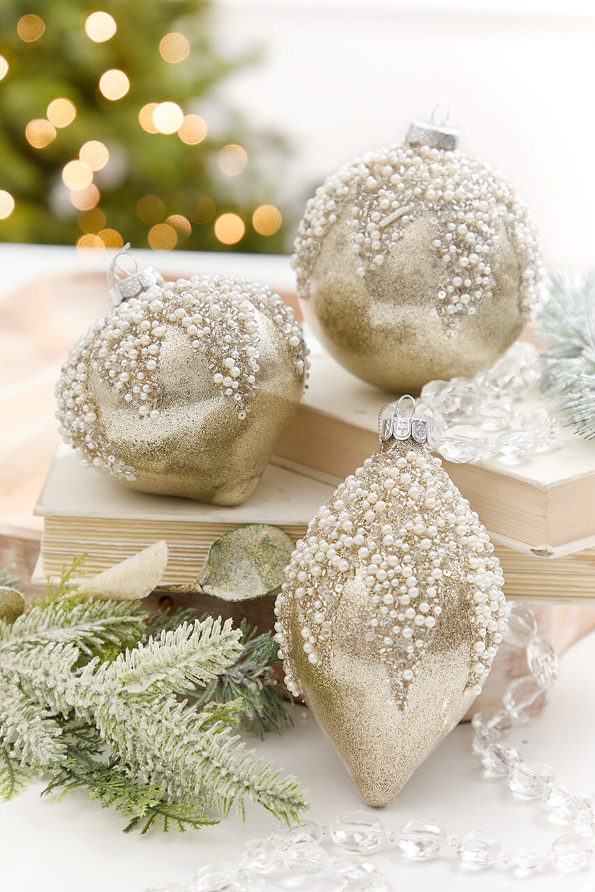 4" - 6" Taupe & Pearl Beaded Glass Ornament