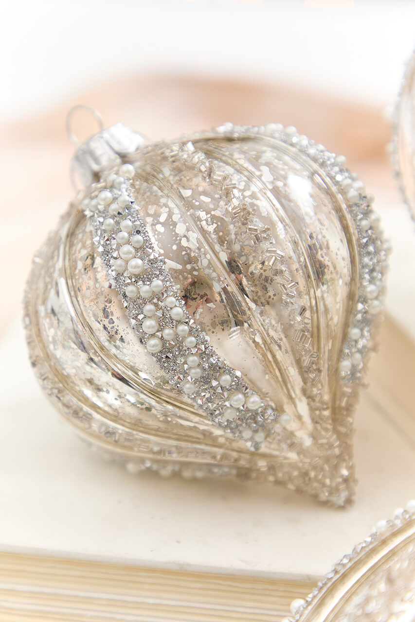 4" - 6" Platinum Mercury Glass Glitter Stripe Ornament