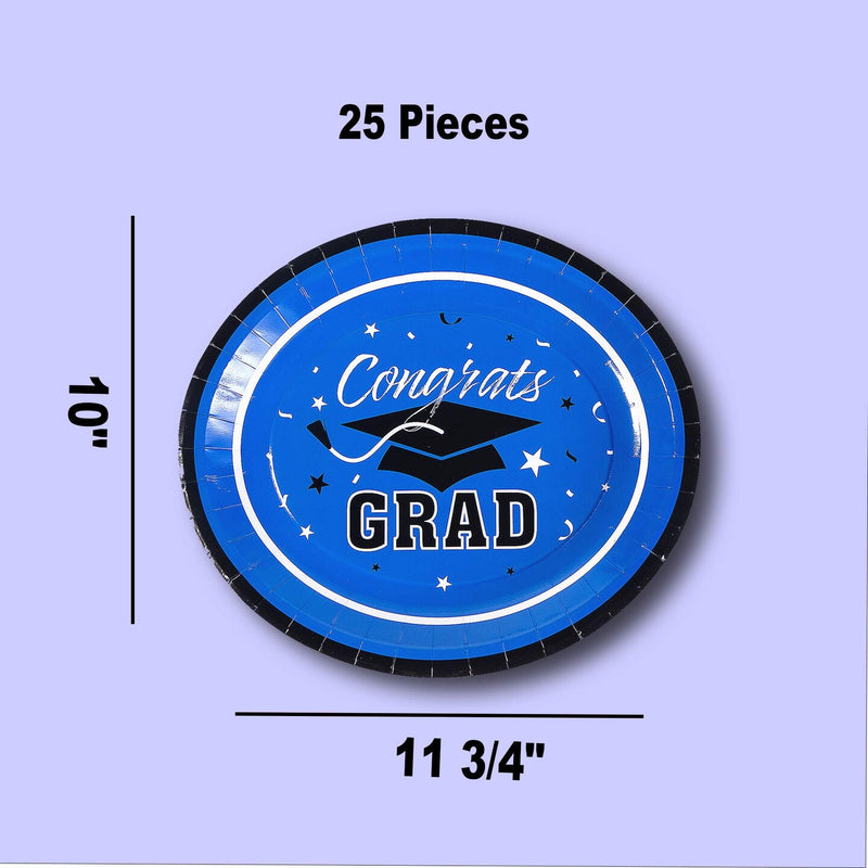 25 Count Betallic Blue Graduation Party Congrats Disposable Paper Banquet Plates 11 3/4" x 10"
