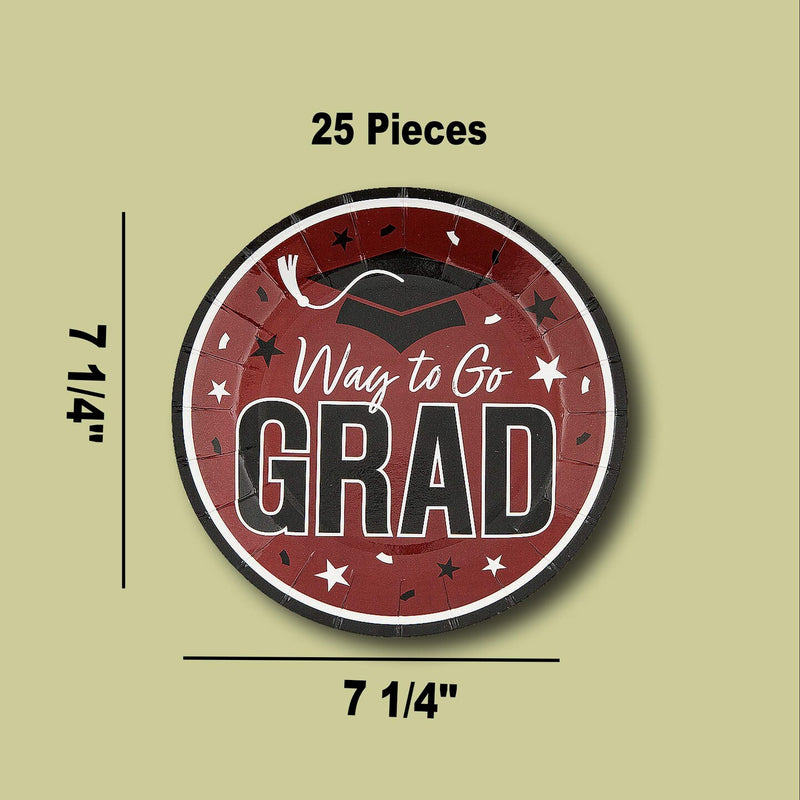 25 Count Burgundy Way to Go Grad Dessert Plates Paper Celebrations for Grad Parties 7 1/4 Inch