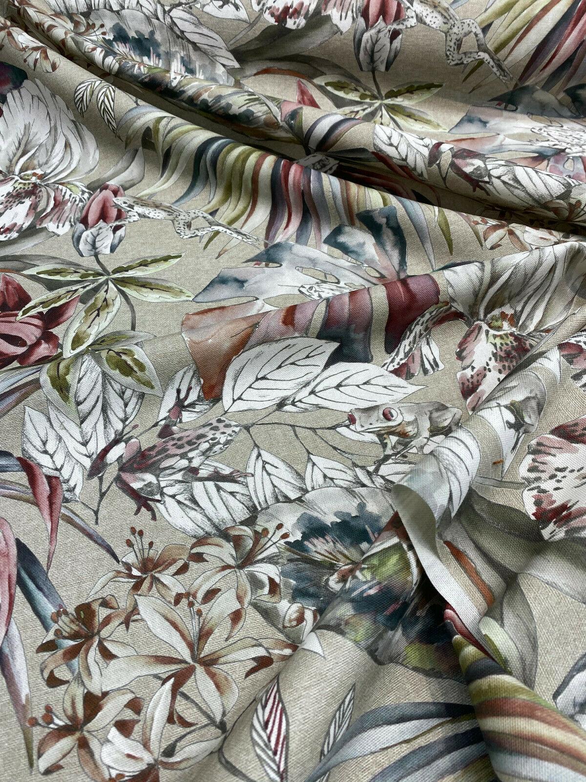 Ainara Frogs Leaves Rainforest Cotton Fabric - Taupe Background, Red Green And Wonder Blue Flowers, Frogs, 56" Width (1 Yard)