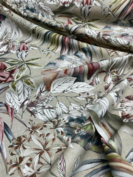 Ainara Frogs Leaves Rainforest Cotton Fabric - Taupe Background, Red Green And Wonder Blue Flowers, Frogs, 56" Width (1 Yard)