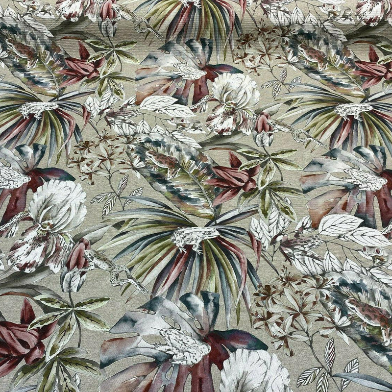 Ainara Frogs Leaves Rainforest Cotton Fabric - Taupe Background, Red Green And Wonder Blue Flowers, Frogs, 56" Width (1 Yard)
