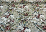 Ainara Frogs Leaves Rainforest Cotton Fabric - Taupe Background, Red Green And Wonder Blue Flowers, Frogs, 56" Width (1 Yard)