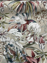 Ainara Frogs Leaves Rainforest Cotton Fabric - Taupe Background, Red Green And Wonder Blue Flowers, Frogs, 56" Width (1 Yard)