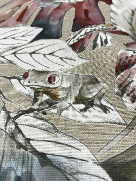 Ainara Frogs Leaves Rainforest Cotton Fabric - Taupe Background, Red Green And Wonder Blue Flowers, Frogs, 56" Width (1 Yard)