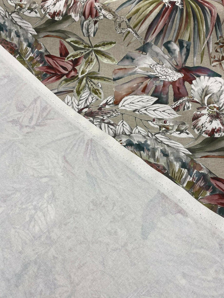 Ainara Frogs Leaves Rainforest Cotton Fabric - Taupe Background, Red Green And Wonder Blue Flowers, Frogs, 56" Width (1 Yard)