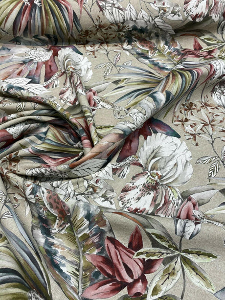 Ainara Frogs Leaves Rainforest Cotton Fabric - Taupe Background, Red Green And Wonder Blue Flowers, Frogs, 56" Width (1 Yard)