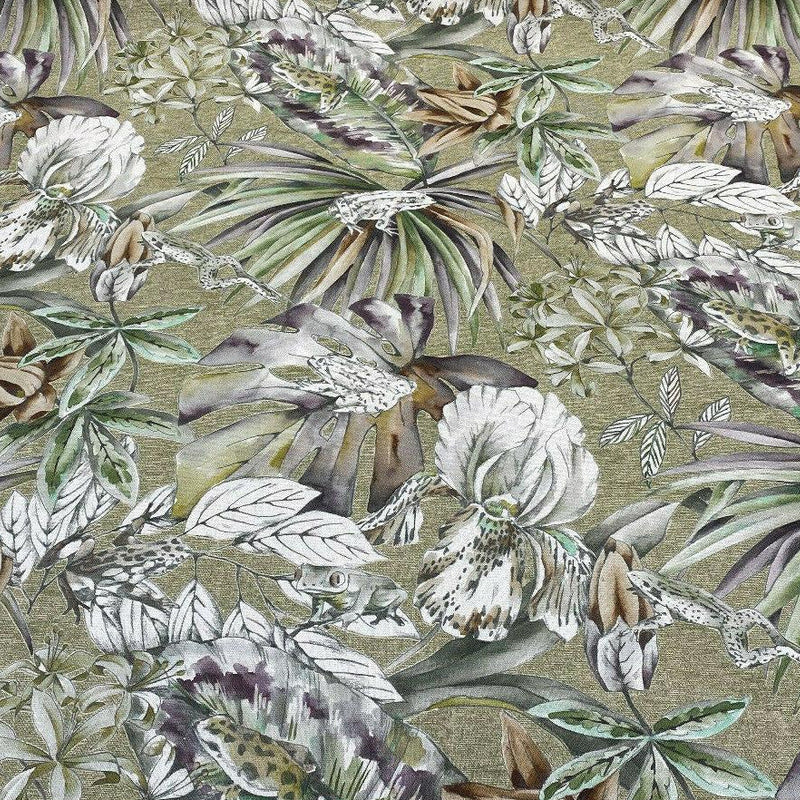 Ainara Frogs Leaves Cotton Fabric - Green Moss, Purple And Green Floral Frog Print, 56" Width (1 Yard)