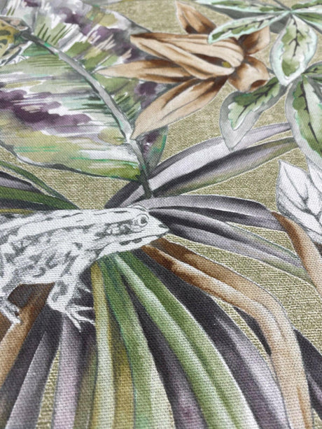 Ainara Frogs Leaves Cotton Fabric - Green Moss, Purple And Green Floral Frog Print, 56" Width (1 Yard)