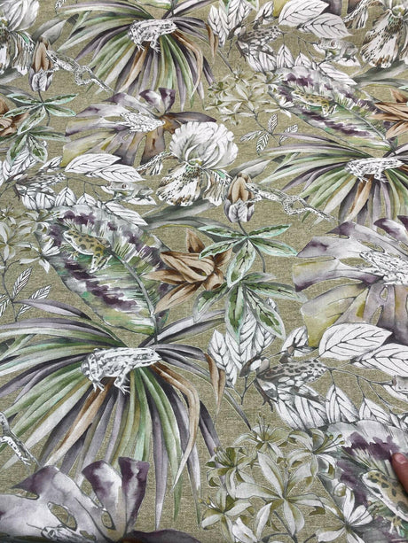 Ainara Frogs Leaves Cotton Fabric - Green Moss, Purple And Green Floral Frog Print, 56" Width (1 Yard)