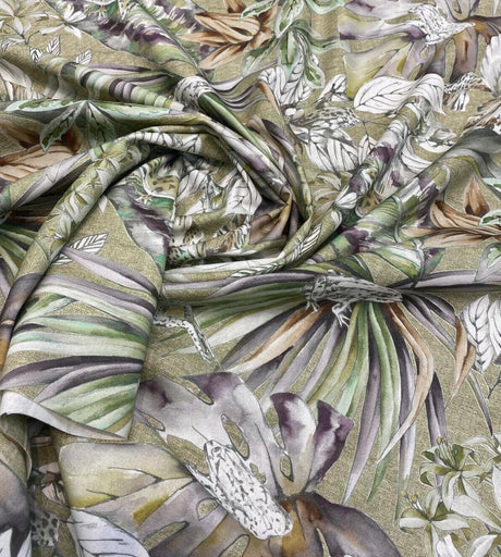 Ainara Frogs Leaves Cotton Fabric - Green Moss, Purple And Green Floral Frog Print, 56" Width (1 Yard)
