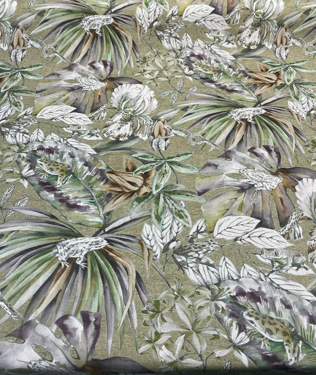 Ainara Frogs Leaves Cotton Fabric - Green Moss, Purple And Green Floral Frog Print, 56" Width (1 Yard)