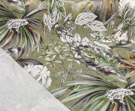 Ainara Frogs Leaves Cotton Fabric - Green Moss, Purple And Green Floral Frog Print, 56" Width (1 Yard)