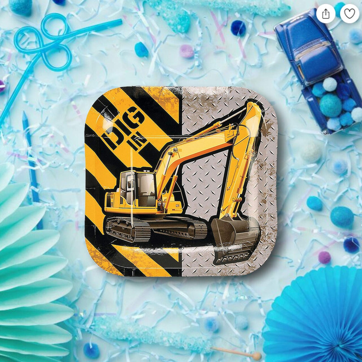 8 Ct. Construction Zone Excavator Square Paper Dessert Plates 7" “Dig In” Party Plates