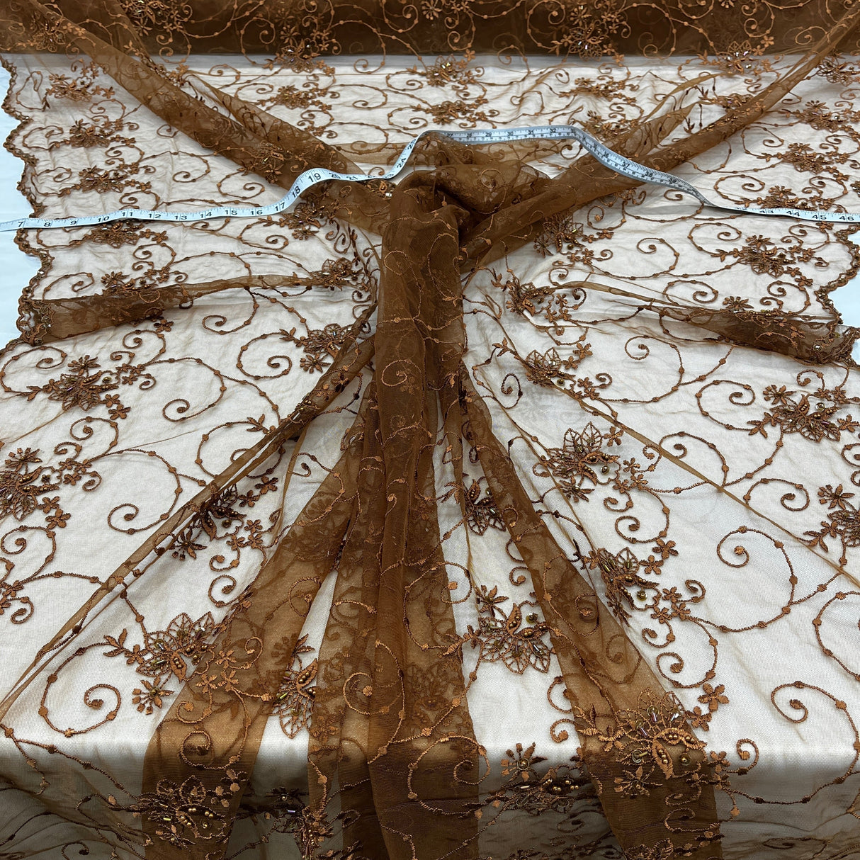 Beaded Lace Fabric on Polyester Net Mesh 52"