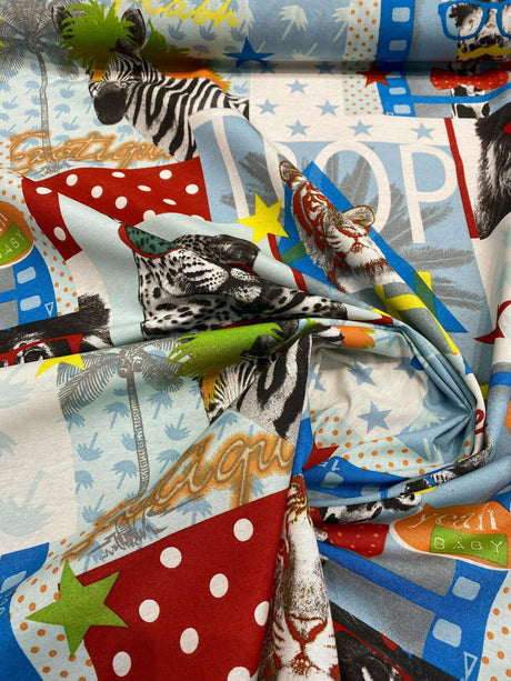 Tropical Selva Giraffe Funky Zebra Lion Cotton Polyester Fabric - Red, Blue, Yellow, Green, Orange On White, Animal Print, 54" Width (1 Yard)