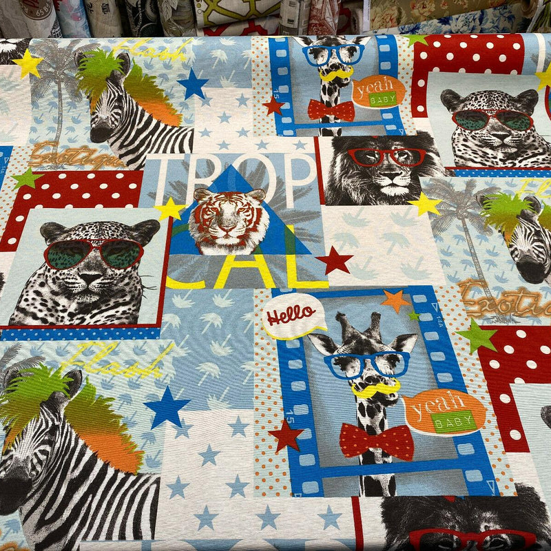 Tropical Selva Giraffe Funky Zebra Lion Cotton Polyester Fabric - Red, Blue, Yellow, Green, Orange On White, Animal Print, 54" Width (1 Yard)