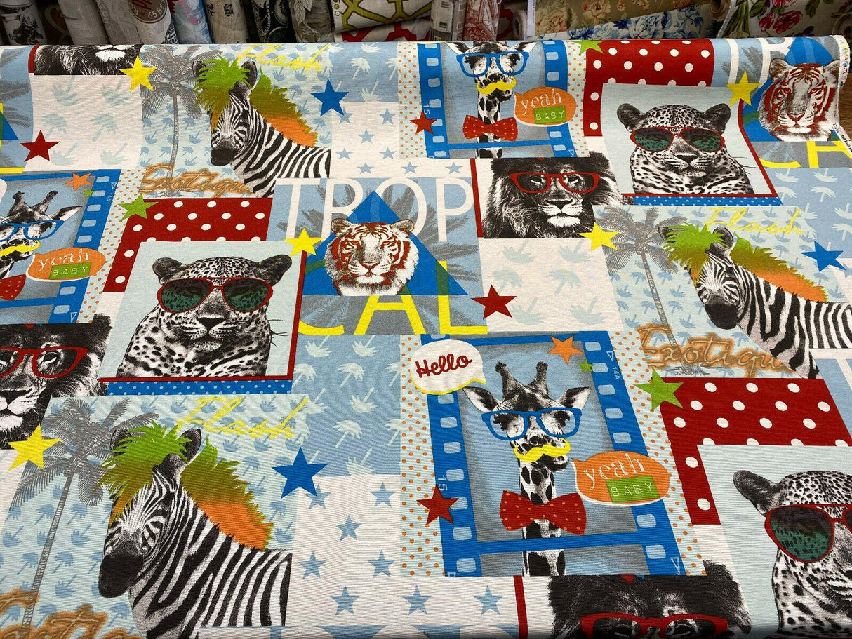 Tropical Selva Giraffe Funky Zebra Lion Cotton Polyester Fabric - Red, Blue, Yellow, Green, Orange On White, Animal Print, 54" Width (1 Yard)