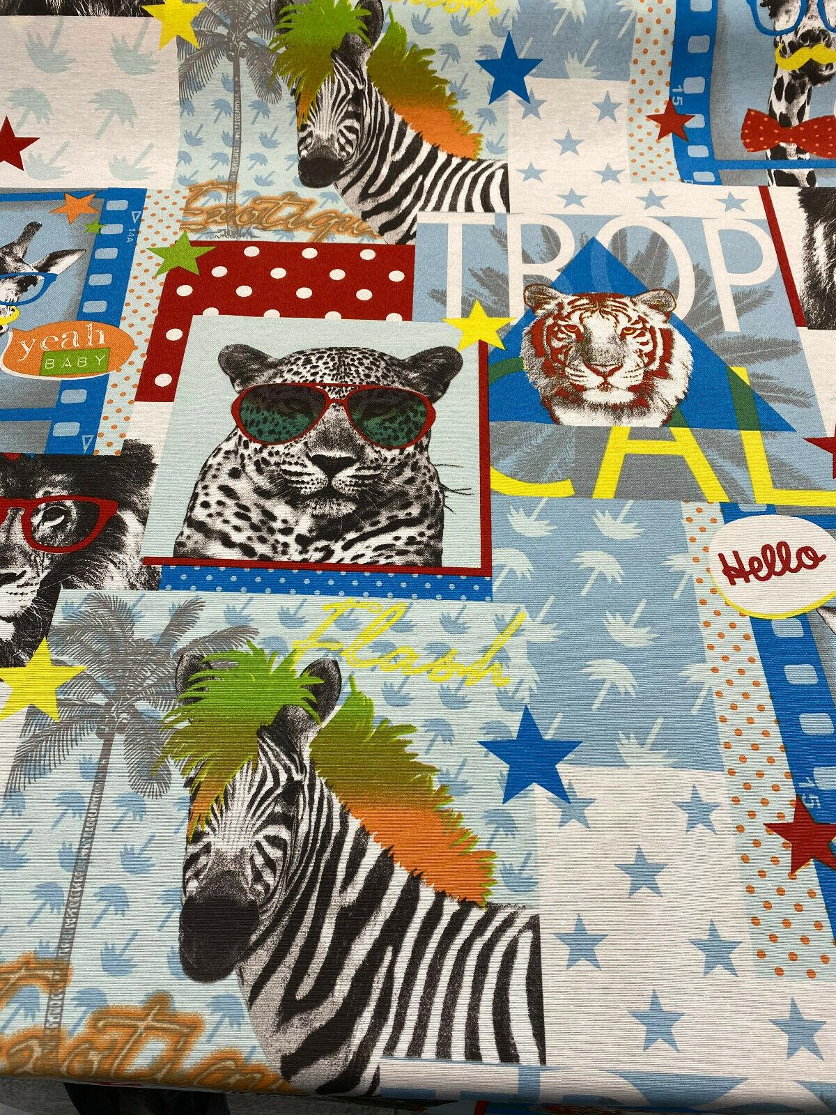 Tropical Selva Giraffe Funky Zebra Lion Cotton Polyester Fabric - Red, Blue, Yellow, Green, Orange On White, Animal Print, 54" Width (1 Yard)