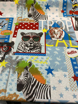 Tropical Selva Giraffe Funky Zebra Lion Cotton Polyester Fabric - Red, Blue, Yellow, Green, Orange On White, Animal Print, 54" Width (1 Yard)